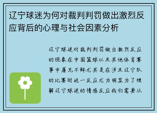辽宁球迷为何对裁判判罚做出激烈反应背后的心理与社会因素分析