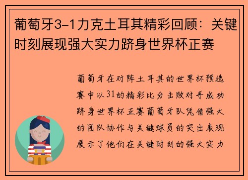 葡萄牙3-1力克土耳其精彩回顾：关键时刻展现强大实力跻身世界杯正赛